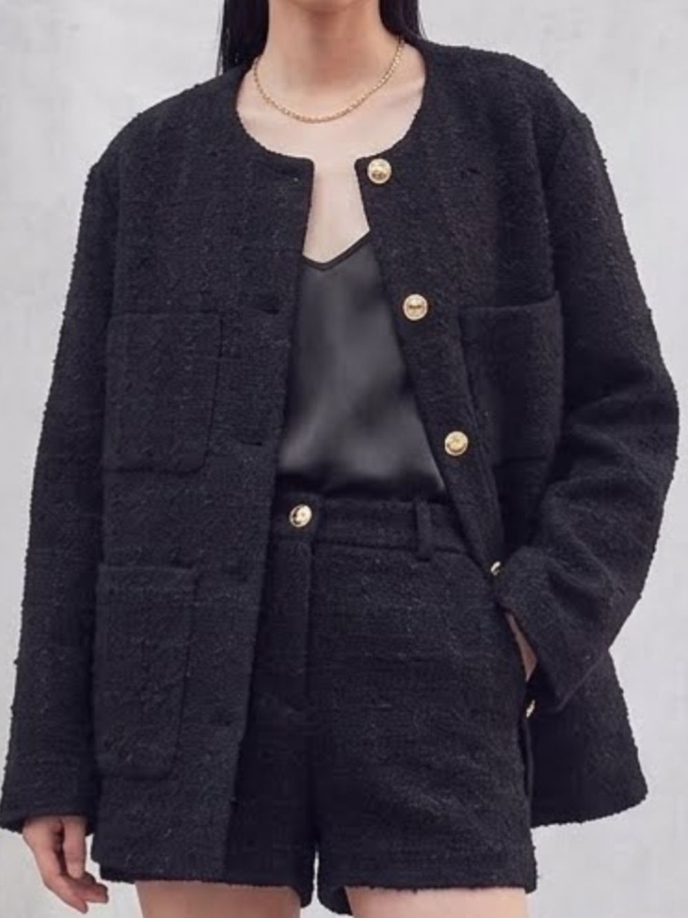 New H&M Black Tweed Boucle Blazer XL Relaxed Fit Collarless Old Money Office
